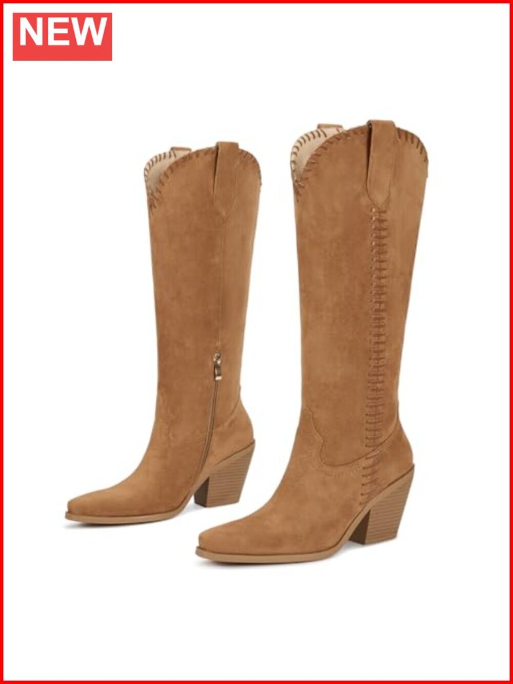 Faux Suede Knee High Cowboy Boots Square Toe Chunky Heel Side Zipper